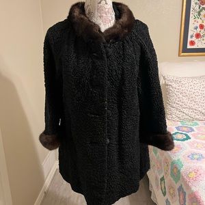CR Cook vintage  curly wool black coat with fur collar and cuffs